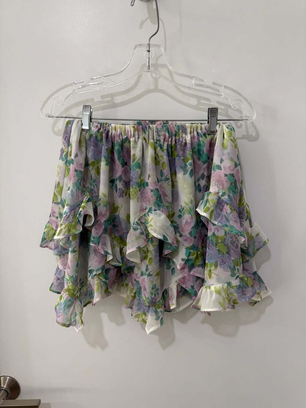 For Love & Lemons Evie Ruffled Floral Mini Skirt Lavender XS - Picture 1 of 7